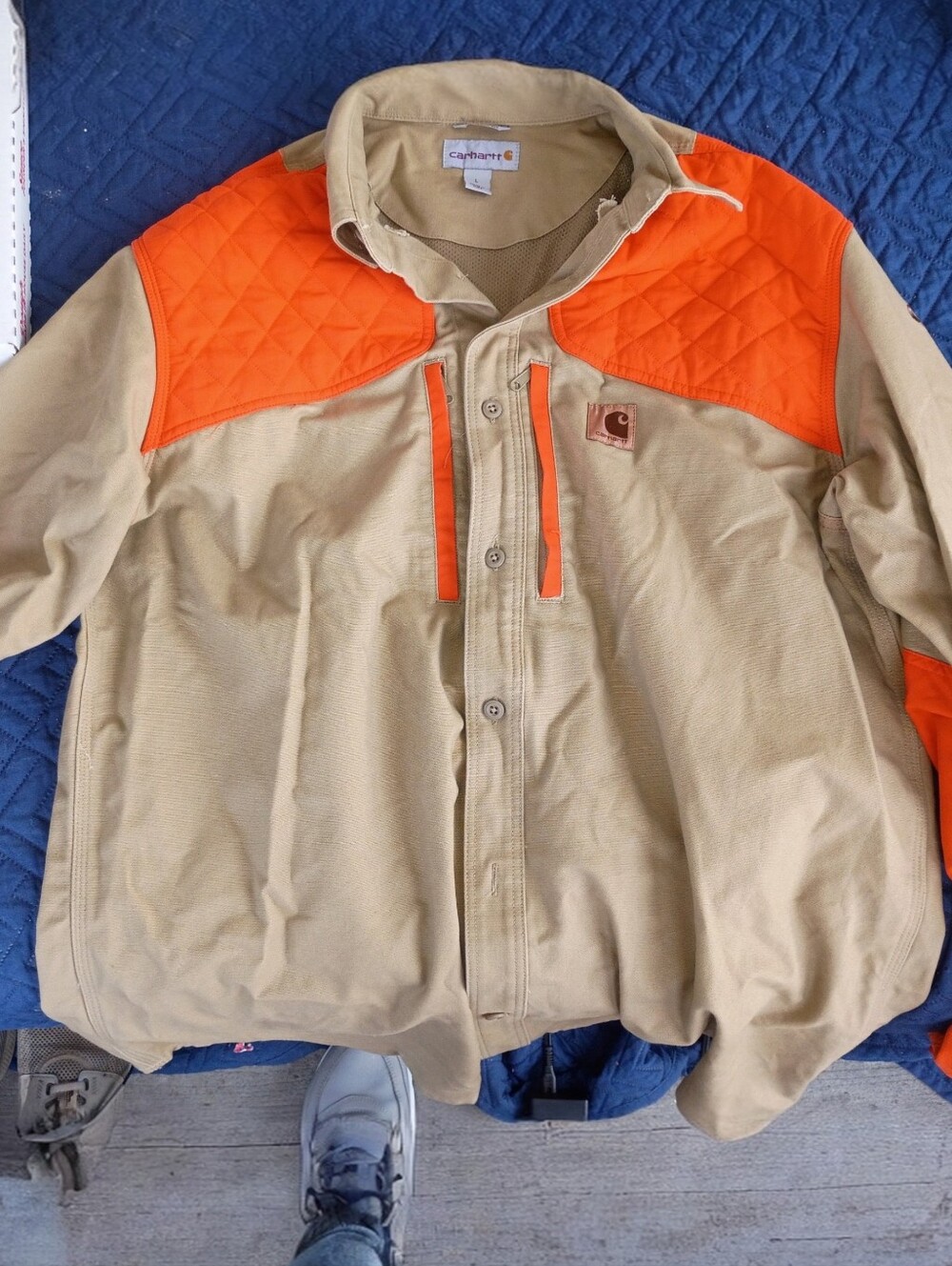 Carhartt Tan Jacket with Bright Orange Yoke and Trim